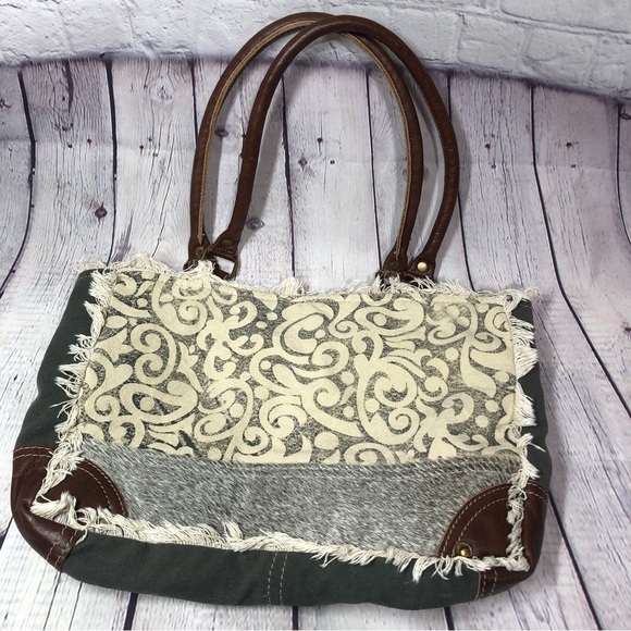 Myra bag fabric and leather brown ivory gray